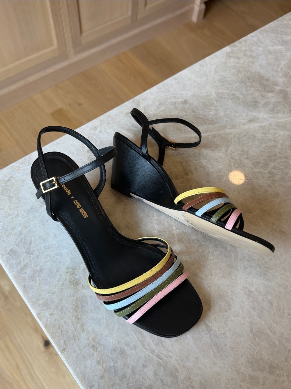 LARROUDE | Larroudé x Ciao Lucia Daiana Black Leather Wedge Sandals 9.5